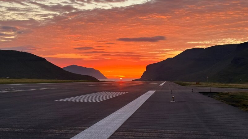 faroe islands runway at sunset